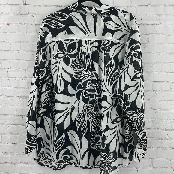 Talbots Plus Size 2x Black And White Patterned Sheer Shirt Long Sleeve Button Up - Picture 2 of 10